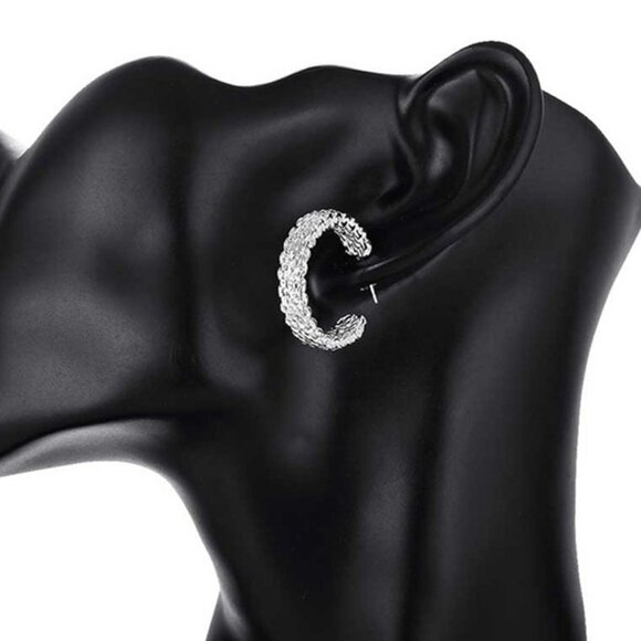 Mesh Silver Hoop Earrings - Picture 5 of 6